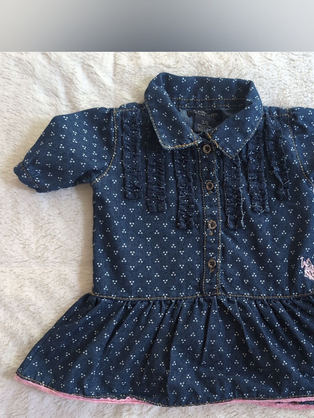 U.S. Polo Assn. Navy Blue Polka-Dot Denim Dress with Pink Logo Accent